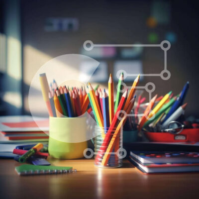 Intra Συλλεκτικό Ξύλινο Παζλ Plywood  4mm - Πολύχρωμο γραφείο με σχολικά είδη και κραγιόνια Σε Ξύλινο Κουτί - Διαστάσεις Puzzle: 10x10 cm – 25 κομμάτια - Image 1