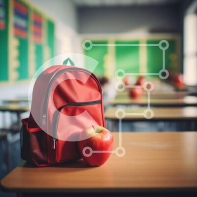 Intra Συλλεκτικό Ξύλινο Παζλ Plywood  4mm - Κόκκινο σακίδιο πλάτης και μήλο στο ξύλινο γραφείο Σε Ξύλινο Κουτί - Διαστάσεις Puzzle: 10x10 cm – 25 κομμάτια - Image 1