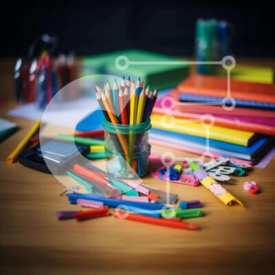 Intra Συλλεκτικό Ξύλινο Παζλ Plywood  4mm - Πολύχρωμα σχολικά είδη σε ξύλινο τραπέζι Σε Ξύλινο Κουτί - Διαστάσεις Puzzle: 10x10 cm – 25 κομμάτια - Image 1