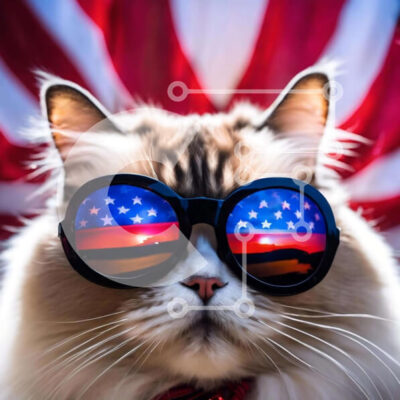 Intra Συλλεκτικό Ξύλινο Παζλ Plywood  4mm - Γάτα με γυαλιά ηλίου αμερικανικής σημαίας Σε Ξύλινο Κουτί - Διαστάσεις: 10x10 cm – 25 κομμάτια - Image 1