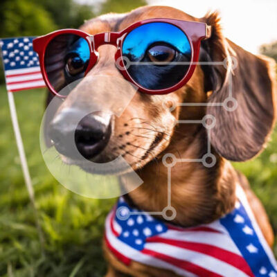 Intra Συλλεκτικό Ξύλινο Παζλ Plywood  4mm - Σκύλος Dachshund με γυαλιά ηλίου και αμερικανική σημαία Bandana Σε Ξύλινο Κουτί - Διαστάσεις: 10x10 cm – 25 κομμάτια - Image 1