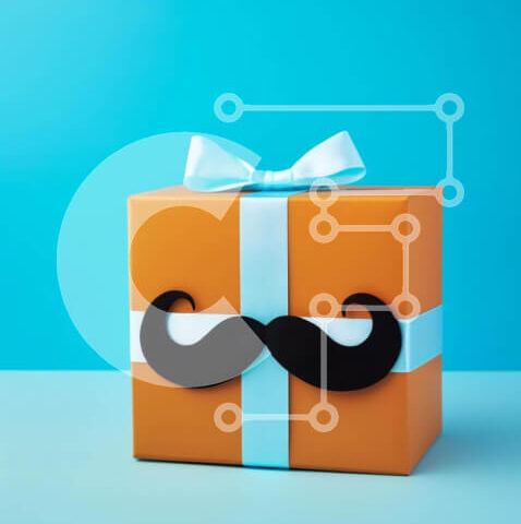 Intra Συλλεκτικό Ξύλινο Παζλ Plywood 4mm - Πορτοκαλί κουτί δώρου με μουστάκι και μπλε κορδέλα Σε Ξύλινο Κουτί - Διαστάσεις: 10x10 cm – 25 κομμάτια - Image 1