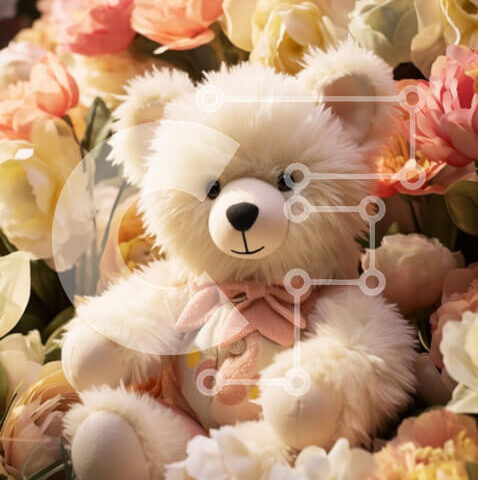 Intra Συλλεκτικό Ξύλινο Παζλ Plywood  4mm - Λευκό αρκουδάκι που περιβάλλεται από ροζ, κίτρινα και λευκά λουλούδια Σε Ξύλινο Κουτί - Διαστάσεις: 10x10 cm – 25 κομμάτια - Image 1