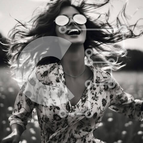 Intra Συλλεκτικό Ξύλινο Παζλ Plywood  4mm - Γυναίκα που τρέχει μέσα από το ανοιχτό πεδίο με τα γυαλιά ηλίου Σε Ξύλινο Κουτί - Διαστάσεις Puzzle: 10x10 cm – 25 κομμάτια - Image 1