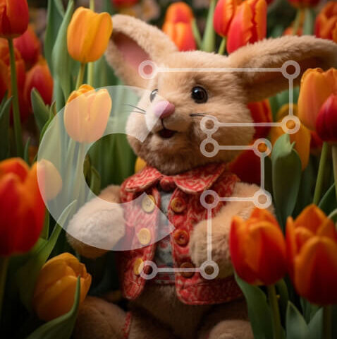 Intra Συλλεκτικό Ξύλινο Παζλ Plywood  4mm - Γεμιστό λαγουδάκι ανάμεσα σε πορτοκαλί τουλίπες - Γιορτή του Πάσχα Σε Ξύλινο Κουτί - Διαστάσεις: 10x10 cm – 25 κομμάτια - Image 1