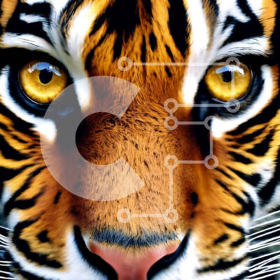 Intra Συλλεκτικό Ξύλινο Παζλ Plywood  4mm - Κοντινό πλάνο του προσώπου της τίγρης με τα κίτρινα μάτια Σε Ξύλινο Κουτί - Διαστάσεις: 10x10 cm – 25 κομμάτια - Image 1