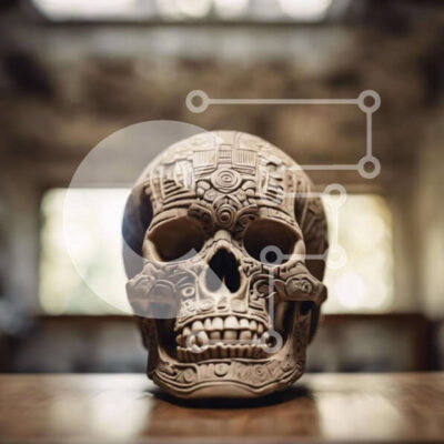 Intra Συλλεκτικό Ξύλινο Παζλ Plywood  4mm - Περίπλοκο ξύλινο κρανίο σε vintage τραπέζι Σε Ξύλινο Κουτί - Διαστάσεις Puzzle: 10x10 cm – 25 κομμάτια - Image 1