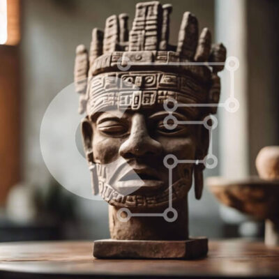 Intra Συλλεκτικό Ξύλινο Παζλ Plywood  4mm - Αρχαίο άγαλμα κεφαλιού των Μάγια που εμφανίζεται με άλλα αντικείμενα Σε Ξύλινο Κουτί - Διαστάσεις: 10x10 cm – 25 κομμάτια - Image 1