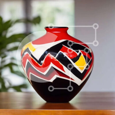 Intra Συλλεκτικό Ξύλινο Παζλ Plywood  4mm - Κόκκινο, μαύρο και άσπρο βάζο σε δρύινο ξύλινο τραπέζι Σε Ξύλινο Κουτί - Διαστάσεις: 10x10 cm – 25 κομμάτια - Image 1