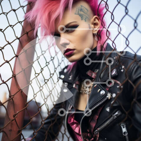 Intra Συλλεκτικό Ξύλινο Παζλ Plywood  4mm - Γυναίκα σε στυλ πανκ ροκ που κλίνει ενάντια στον φράχτη Σε Ξύλινο Κουτί - Διαστάσεις Puzzle: 10x10 cm – 25 κομμάτια - Image 1