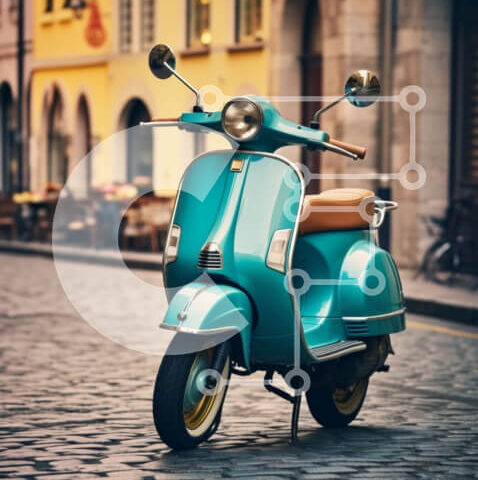 Intra Συλλεκτικό Ξύλινο Παζλ Plywood  4mm - Vintage Turquoise Scooter στην Cobblestone Street Σε Ξύλινο Κουτί - Διαστάσεις Puzzle: 10x10 cm – 25 κομμάτια - Image 1