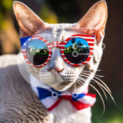 Intra Συλλεκτικό Ξύλινο Παζλ Plywood  4mm - Γάτα φορώντας γυαλιά ηλίου με αμερικανική σημαία για τις 4 Ιουλίου Σε Ξύλινο Κουτί - Διαστάσεις: 10x10 cm – 25 κομμάτια - Image 1