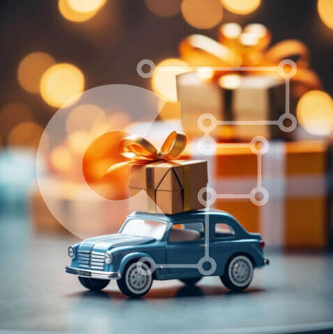 Intra Συλλεκτικό Ξύλινο Παζλ Plywood  4mm - Μπλε αυτοκίνητο παιχνίδι με κουτιά δώρων και εορταστικά φώτα Σε Ξύλινο Κουτί - Διαστάσεις: 10x10 cm – 25 κομμάτια - Image 1