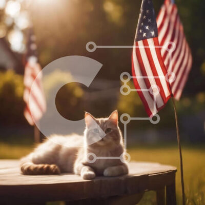 Intra Συλλεκτικό Ξύλινο Παζλ Plywood  4mm - Γάτα που χαλαρώνει σε υπαίθριο τραπέζι με αμερικανικές σημαίες Σε Ξύλινο Κουτί - Διαστάσεις: 10x10 cm – 25 κομμάτια - Image 1