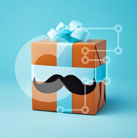 Intra Συλλεκτικό Ξύλινο Παζλ Plywood 4mm - Μπλε κουτί δώρου με μουστάκι σε πορτοκαλί φόντο Σε Ξύλινο Κουτί - Διαστάσεις: 10x10 cm – 25 κομμάτια - Image 1