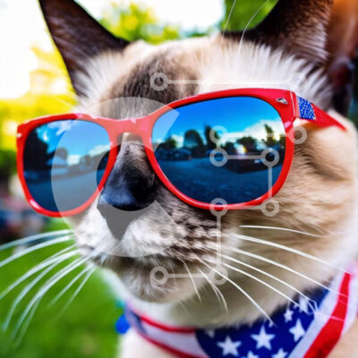 Intra Συλλεκτικό Ξύλινο Παζλ Plywood  4mm - Γάτα που φορά κόκκινα γυαλιά ηλίου και μπαντάνα με αμερικανική σημαία Σε Ξύλινο Κουτί - Διαστάσεις: 10x10 cm – 25 κομμάτια - Image 1