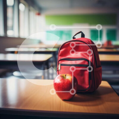 Intra Συλλεκτικό Ξύλινο Παζλ Plywood  4mm - Κόκκινο σακίδιο πλάτης και μήλο στην κενή τάξη Σε Ξύλινο Κουτί - Διαστάσεις Puzzle: 10x10 cm – 25 κομμάτια - Image 1