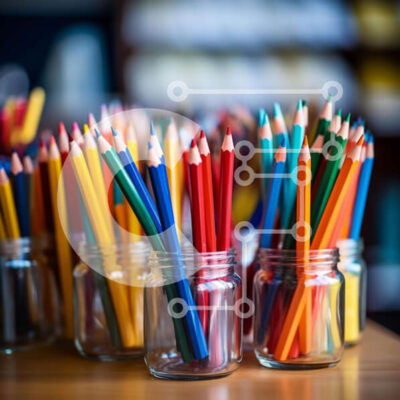 Intra Συλλεκτικό Ξύλινο Παζλ Plywood  4mm - Πολύχρωμα μολύβια σε γυάλινα βάζα σε ξύλινο τραπέζι Σε Ξύλινο Κουτί - Διαστάσεις: 10x10 cm – 25 κομμάτια - Image 1