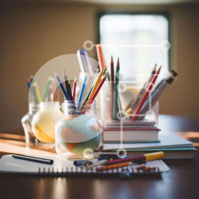 Intra Συλλεκτικό Ξύλινο Παζλ Plywood  4mm - Γραφείο με σχολικά είδη και υδρόγειο Σε Ξύλινο Κουτί - Διαστάσεις Puzzle: 10x10 cm – 25 κομμάτια - Image 1