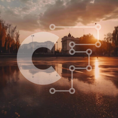 Intra Συλλεκτικό Ξύλινο Παζλ Plywood  4mm - Υγρός χώρος στάθμευσης στο ηλιοβασίλεμα με κτίρια και σκέιτμπορντ Σε Ξύλινο Κουτί - Διαστάσεις: 10x10 cm – 25 κομμάτια - Image 1