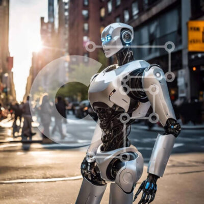 Intra Συλλεκτικό Ξύλινο Παζλ Plywood 4mm - Ρομπότ στην αστική οδό με ανθρώπους να περπατούν τριγύρω Σε Ξύλινο Κουτί - Διαστάσεις Puzzle: 10x10 cm – 25 κομμάτια - Image 1