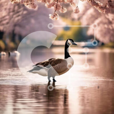 Intra Συλλεκτικό Ξύλινο Παζλ Plywood  4mm - Ειρηνική χήνα κοντά σε ανθισμένες κερασιές και νερό Σε Ξύλινο Κουτί - Διαστάσεις: 10x10 cm – 25 κομμάτια - Image 1