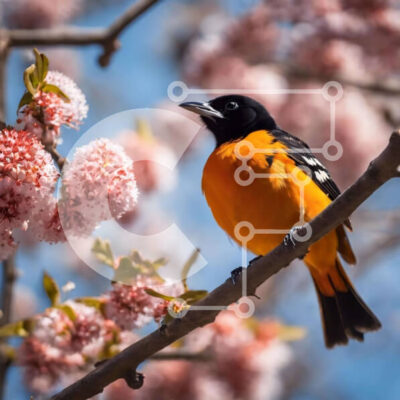 Intra Συλλεκτικό Ξύλινο Παζλ Plywood  4mm - Πορτοκαλί και μαύρο πουλί σκαρφαλωμένο σε κλαδί με ροζ άνθη Σε Ξύλινο Κουτί - Διαστάσεις: 10x10 cm – 25 κομμάτια - Image 1