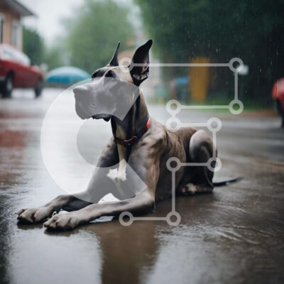 Intra Συλλεκτικό Ξύλινο Παζλ Plywood  4mm - Μεγάλο σκυλί που απολαμβάνει τη βροχή στο έδαφος με αυτοκίνητα Σε Ξύλινο Κουτί - Διαστάσεις: 10x10 cm – 25 κομμάτια - Image 1