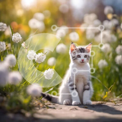 Intra Συλλεκτικό Ξύλινο Παζλ Plywood  4mm - Γκρι και άσπρη γάτα με λευκά λουλούδια Σε Ξύλινο Κουτί - Διαστάσεις: 10x10 cm – 25 κομμάτια - Image 1