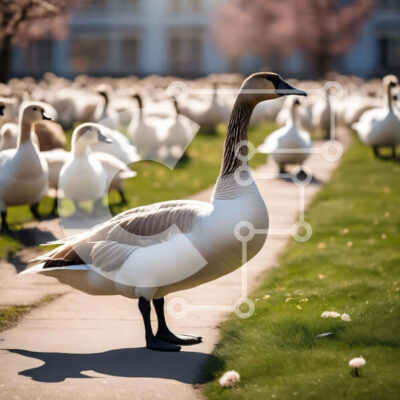 Intra Συλλεκτικό Ξύλινο Παζλ Plywood 4mm - Λευκές χήνες και πάπιες που περπατούν ανάμεσα στα λουλούδια Σε Ξύλινο Κουτί - Διαστάσεις: 10x10 cm – 25 κομμάτια - Image 1