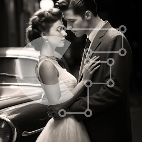 Intra Συλλεκτικό Ξύλινο Παζλ Plywood  4mm - Νεαρό ζευγάρι που στέκεται δίπλα στο Vintage αυτοκίνητο Σε Ξύλινο Κουτί - Διαστάσεις Puzzle: 10x10 cm – 25 κομμάτια - Image 1