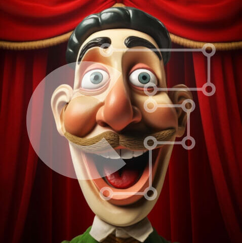 Intra Συλλεκτικό Ξύλινο Παζλ Plywood 4mm - Ιδιότροπος χαρακτήρας μαριονέτας με φόντο κόκκινη κουρτίνα Σε Ξύλινο Κουτί - Διαστάσεις Puzzle: 10x10 cm – 25 κομμάτια - Image 1