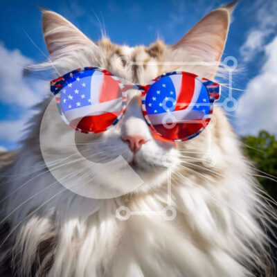 Intra Συλλεκτικό Ξύλινο Παζλ Plywood 4mm - Γάτα με γυαλιά ηλίου με σημαία Ηνωμένου Βασιλείου και γιακά αμερικανικής σημαίας Σε Ξύλινο Κουτί - Διαστάσεις: 10x10 cm – 25 κομμάτια - Image 1