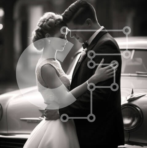 Intra Συλλεκτικό Ξύλινο Παζλ Plywood 4mm - Ρομαντικό νιόπαντρο ζευγάρι με vintage αυτοκίνητο Σε Ξύλινο Κουτί - Διαστάσεις Puzzle: 10x10 cm – 25 κομμάτια - Image 1