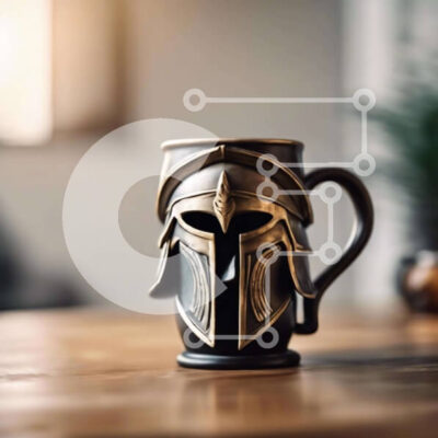 Intra Συλλεκτικό Ξύλινο Παζλ Plywood 4mm - Περίπλοκη κούπα καφέ με κράνος Spartan σε ξύλινο τραπέζι Σε Ξύλινο Κουτί - Διαστάσεις: 10x10 cm – 25 κομμάτια - Image 1