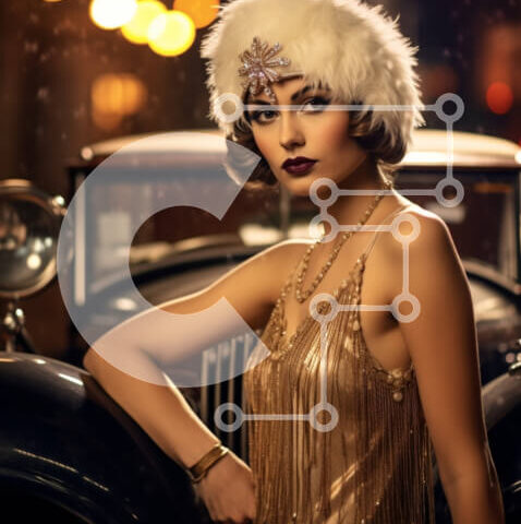 Intra Συλλεκτικό Ξύλινο Παζλ Plywood  4mm - Κομψή γυναίκα με χρυσό φόρεμα δίπλα στο vintage αυτοκίνητο Σε Ξύλινο Κουτί - Διαστάσεις Puzzle: 10x10 cm – 25 κομμάτια - Image 1