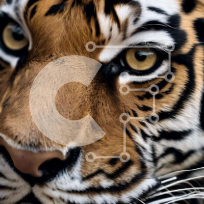 Intra Συλλεκτικό Ξύλινο Παζλ Plywood  4mm - Κοντινό πλάνο του προσώπου μιας τίγρης με φωτεινά, ανοιχτά μάτια Σε Ξύλινο Κουτί - Διαστάσεις: 10x10 cm – 25 κομμάτια - Image 1