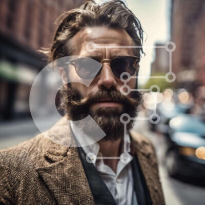 Intra Συλλεκτικό Ξύλινο Παζλ Plywood  4mm - Άνδρας με γυαλιά ηλίου και γένια στέκεται στο δρόμο Σε Ξύλινο Κουτί - Διαστάσεις Puzzle: 10x10 cm – 25 κομμάτια - Image 1