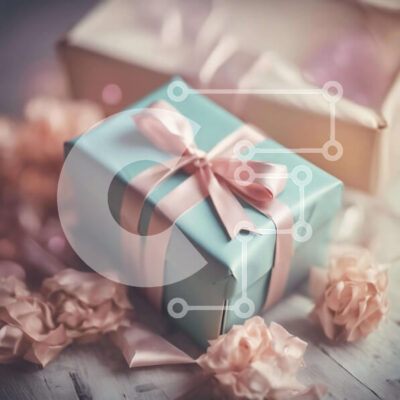 Intra Συλλεκτικό Ξύλινο Παζλ Plywood  4mm - Μπλε κουτί δώρου με ροζ κορδέλες και λουλούδια Σε Ξύλινο Κουτί - Διαστάσεις: 10x10 cm – 25 κομμάτια - Image 1