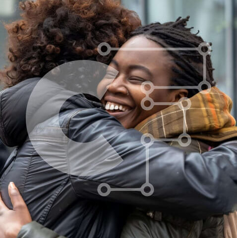 Intra Συλλεκτικό Ξύλινο Παζλ Plywood  4mm - Δύο γυναίκες που αγκαλιάζονται έξω από το κτίριο Σε Ξύλινο Κουτί - Διαστάσεις Puzzle: 10x10 cm – 25 κομμάτια - Image 1