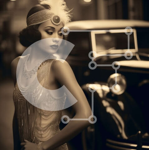 Intra Συλλεκτικό Ξύλινο Παζλ Plywood  4mm - Γυναίκα με vintage φόρεμα flapper που ποζάρει με ένα παλιομοδίτικο αυτοκίνητο Σε Ξύλινο Κουτί - Διαστάσεις Puzzle: 10x10 cm – 25 κομμάτια - Image 1