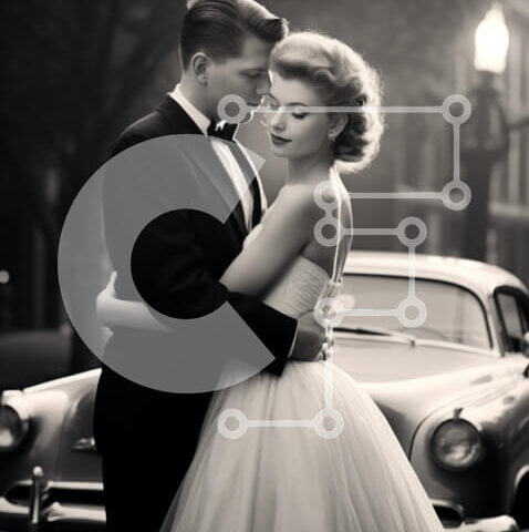 Intra Συλλεκτικό Ξύλινο Παζλ Plywood  4mm - Vintage γαμήλιο ζευγάρι αγκαλιά με κλασικό αυτοκίνητο Σε Ξύλινο Κουτί - Διαστάσεις: 10x10 cm – 25 κομμάτια - Image 1