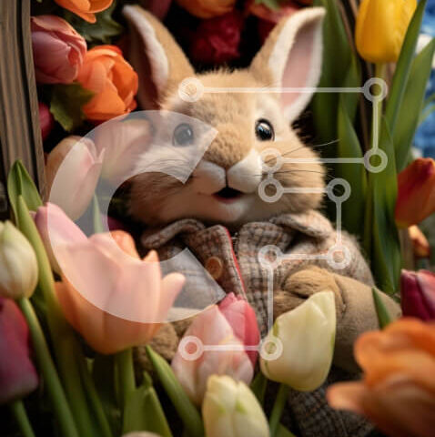 Intra Συλλεκτικό Ξύλινο Παζλ Plywood  4mm - Ανοιξιάτικη σκηνή με γεμιστό λαγουδάκι και πολύχρωμες τουλίπες Σε Ξύλινο Κουτί - Διαστάσεις Puzzle: 10x10 cm – 25 κομμάτια - Image 1