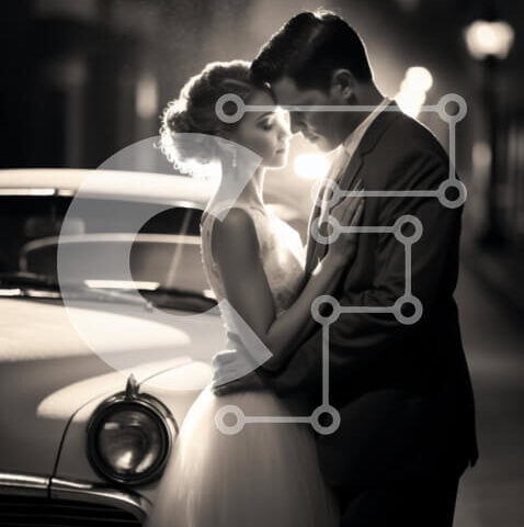 Intra Συλλεκτικό Ξύλινο Παζλ Plywood 4mm - Νεόνυμφο ζευγάρι ποζάρει μπροστά από vintage αυτοκίνητο Σε Ξύλινο Κουτί - Διαστάσεις: 10x10 cm – 25 κομμάτια - Image 1