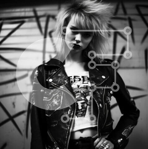 Intra Συλλεκτικό Ξύλινο Παζλ Plywood 4mm - Νεαρή γυναίκα με στολή εμπνευσμένη από το Punk Rock που ποζάρει μπροστά από τοίχους με γκράφιτι Σε Ξύλινο Κουτί - Διαστάσεις Puzzle: 10x10 cm – 25 κομμάτια - Image 1