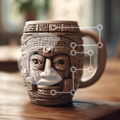 Intra Συλλεκτικό Ξύλινο Παζλ Plywood  4mm - Κεραμική κούπα καφέ με πρόσωπο εμπνευσμένο από τους Αζτέκους Σε Ξύλινο Κουτί - Διαστάσεις: 10x10 cm – 25 κομμάτια - Image 1
