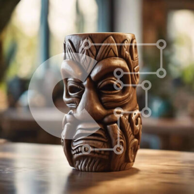 Intra Συλλεκτικό Ξύλινο Παζλ Plywood  4mm - Ξύλινο κύπελλο Tiki με σκαλιστό πρόσωπο και φυτά Σε Ξύλινο Κουτί - Διαστάσεις: 10x10 cm – 25 κομμάτια - Image 1