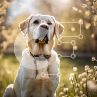 Intra Συλλεκτικό Ξύλινο Παζλ Plywood  4mm - Λευκό σκυλί Λαμπραντόρ στο χωράφι με γρασίδι με λουλούδια Σε Ξύλινο Κουτί - Διαστάσεις: 10x10 cm – 25 κομμάτια - Image 1