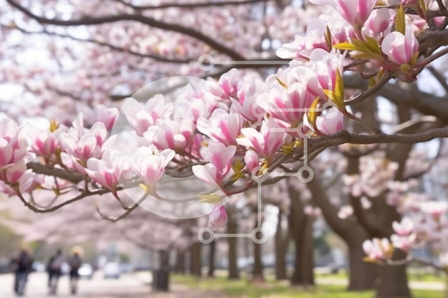 Intra Συλλεκτικό Ξύλινο Παζλ Plywood  4mm - Ροζ δέντρο μανόλιας σε πλήρη άνθιση με ανθρώπους την άνοιξη Σε Ξύλινο Κουτί - Διαστάσεις: 10x10 cm – 25 κομμάτια