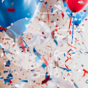 Intra Συλλεκτικό Ξύλινο Παζλ Plywood  4mm - Γιορτή 4ης Ιουλίου με κόκκινα, λευκά και μπλε μπαλόνια κομφετί Σε Ξύλινο Κουτί - Διαστάσεις: 10x10 cm – 25 κομμάτια